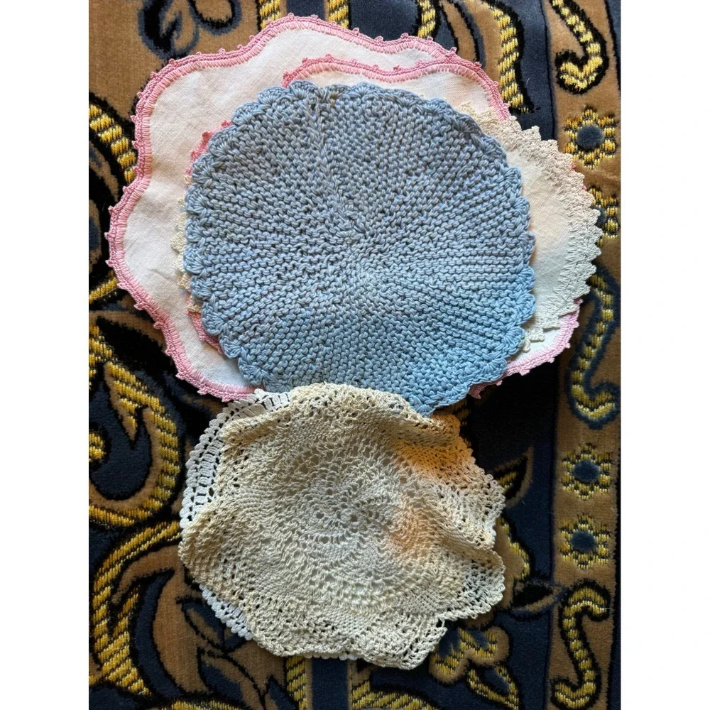 Vintage Linen Doilies Crochet Lace Edging Pastel Pink Blue Cream Set Cottagecore